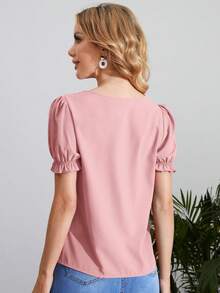 SHEIN Clasi Atasan Polos Kasual Wanita Warna Merah Muda Coral dengan Leher Berlubang dan Lengan Pendek Berkerut - Coral Pink - View 2