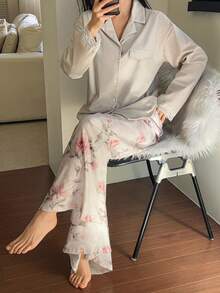 DAZY Women's Loose Solid Color Top & Floral Print Wide Leg Pajama Pants Sleepwear Set - Light Grey - View 6