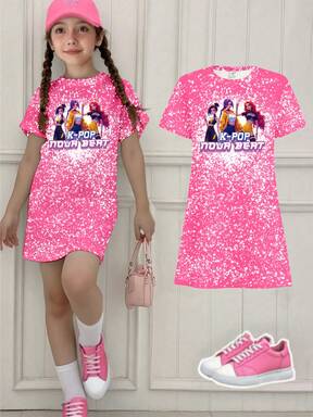 Spring And Summer Tween Girls Casual Fashion Creative Personalized Refreshing Chic Minimalist Cool Virtual Girl Group Character Water Drop Star Dot Graphic Letter Slogan Print Casual Basic Short Sleeve T-Shirt Dress Comfortable Daily Wear Cozy Summer And Fall Styles Suitable For Spring Summer Autumn, Atmosphere Sense Outfit, Sets, Pink Dress, Girl Group, Golden KPOP Korean Girl Group