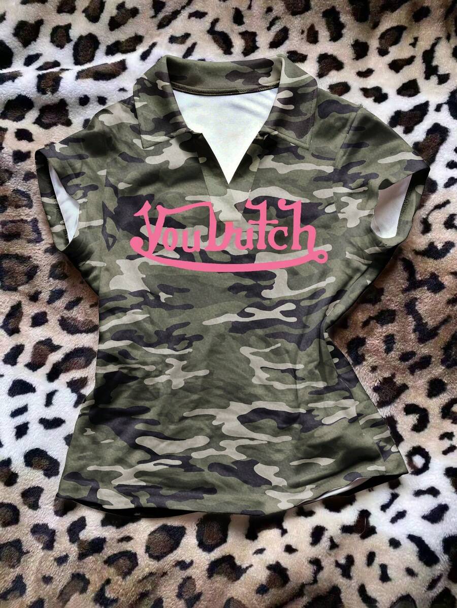 SHEIN Women's Digital Print Polo Collar Fitted Short Sleeve T-Shirt - Multicolor - View 1