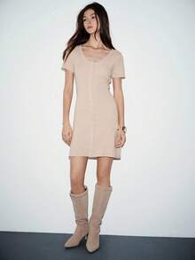 Lumivelle Khaki Deep V-Neck Fitted Short Sleeve Spring/Summer Knit Sweater Dress - Khaki - View 4