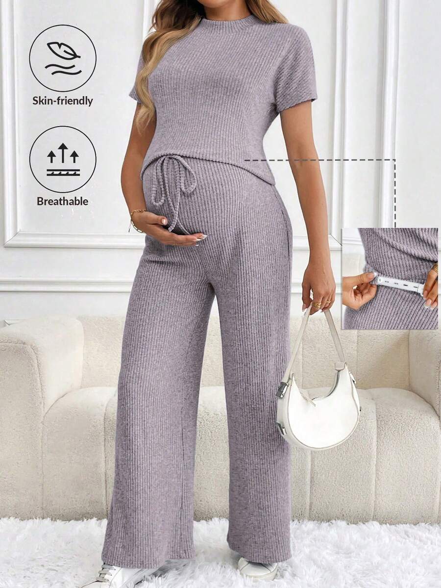 SHEIN Maternity Solid Color Short Sleeve Ribbed T-Shirt And Adjustable Waist Casual Pants Set - Mauve Purple - View 1