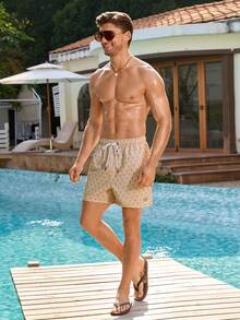 Manfinity KASUA Herren Lässig Kokosnussbaum Muster Strand Shorts Beige Badeshorts, Herren Palmendruck Shorts Hellbraun Badeshorts, Herren Badeshorts Palmbaum Badeshorts - Beige - Übersicht 3
