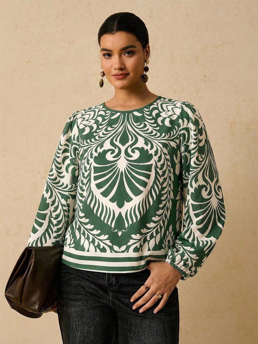 Travachic Plus Size Women Print Loose Fit 3/4 Sleeve Blouse, Casual Autumn Pattern Top - Mint Green - View 1