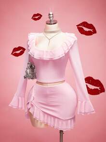 SHEIN ICON Große Größen Rosa Rüschen Kragen Mesh Langarm Top, Rüschen Schlitz Midi Rock 2-teiliges Set, Valentinstag Date Night 2-teiliges Set, geeignet für Dates, Rosa 2-teiliges Set - Babypink - Übersicht 4