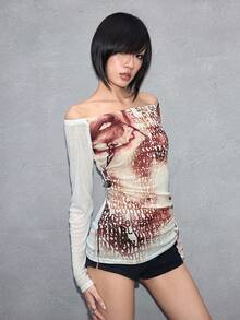 ROMWE Avant Women's Y2K Sexy Babe Portrait & Letter Logo Print Sheer Off-Shoulder Top - White - View 5