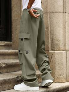 Manfinity Homme Quần cargo nam cỡ lớn, màu trơn, kiểu dáng thường ngày. - Màu Khaki - Xem 2