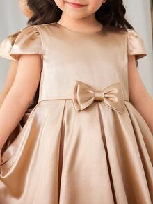 Glamorique Kids 女婴香槟金缎面柔软薄纱半袖蝴蝶结装饰派对礼服，优雅公主裙，适合生日、婚礼、宴会等场合 - 金色 - 查看 6