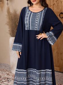 Al Najma Plus Size Women's Casual Vacation Style Floral Print Patchwork Flare Sleeve Loose Arabic Dress, Spring/Autumn - Multicolor - View 7