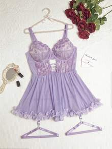 Seduluxe 2 piezas Conjunto de lencería sexy bordada de malla de talla grande - Lila Púrpura - Ver 3