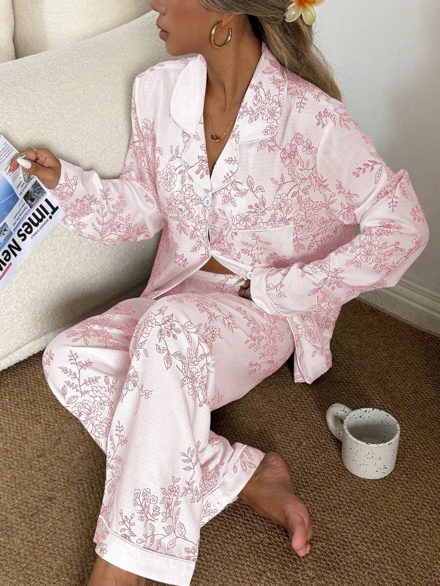 CottageSlumber Women's Bubble Crinkle Floral Print Long Sleeve Pajama Set - Pink - View 1