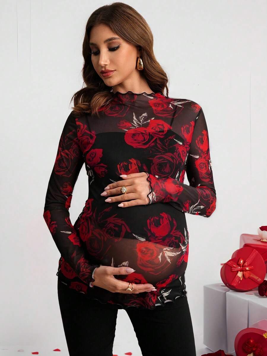 SHEIN 孕妇优雅印花薄纱长袖性感T恤