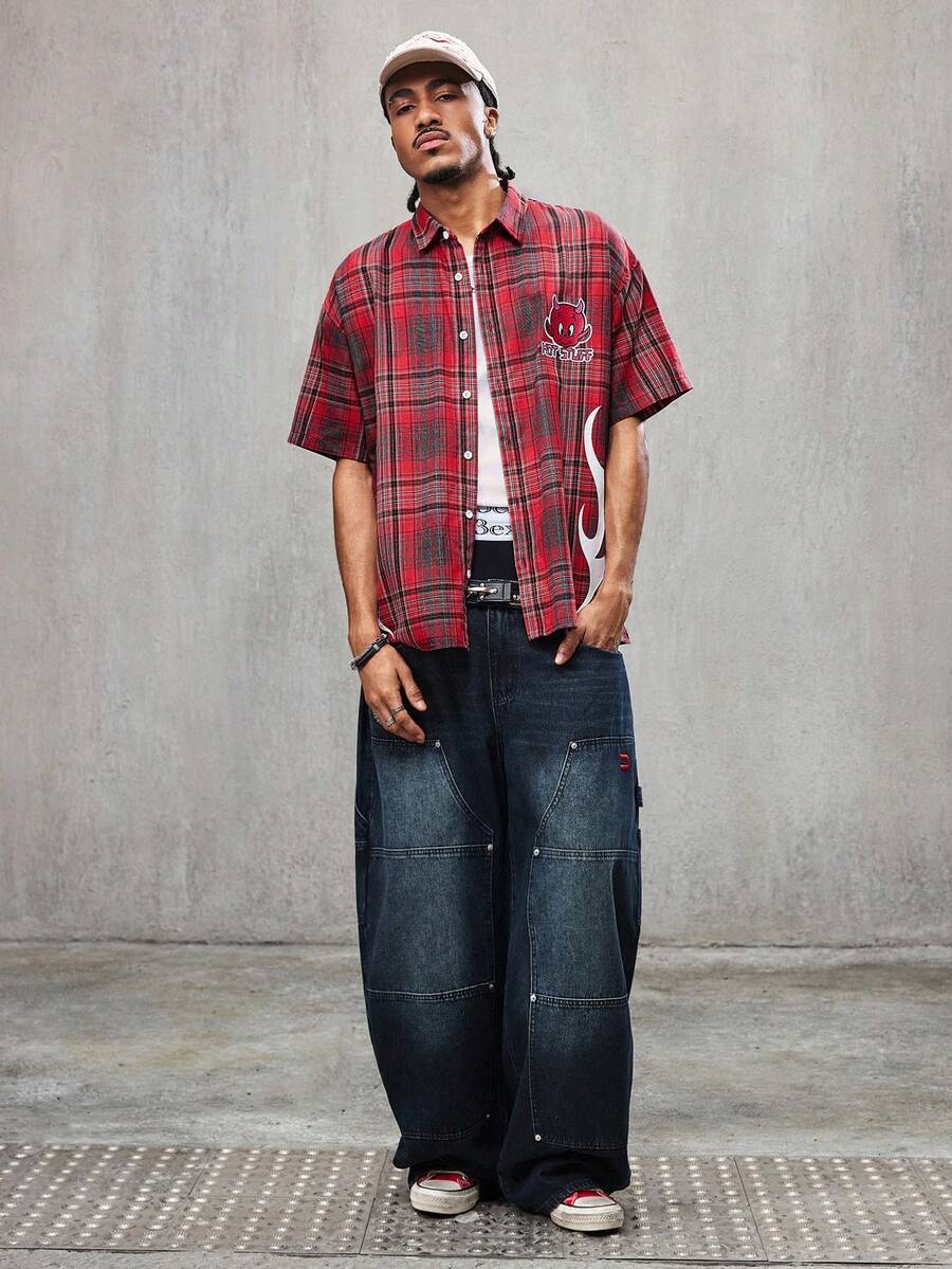 HOT STUFF X SHEIN Men's Casual Plaid Cartoon Embroidered Short Sleeve Shirt, Summer - Burgundy - View 1