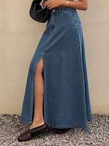 DAZY 女士常规腰部开衩长款休闲牛仔裙 - 中等水洗藍 - 查看 3