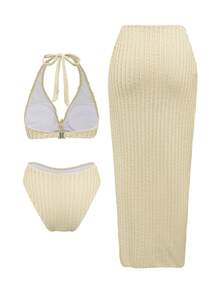 Swim Oasis 3pcs/Set Women Sexy Backless Metallic Push-Up Bikini Swimwear With Long Skirt, Elegant Party, Valentine Outfits For Women , Summer Vacation Outfits - Apricot - View 2