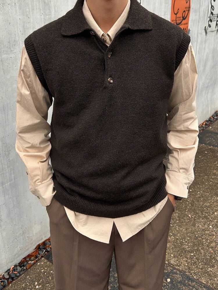 Men's Solid Color Knit Vest Suit With Beige Shirt, Commuter Outfit For Spring And Autumn