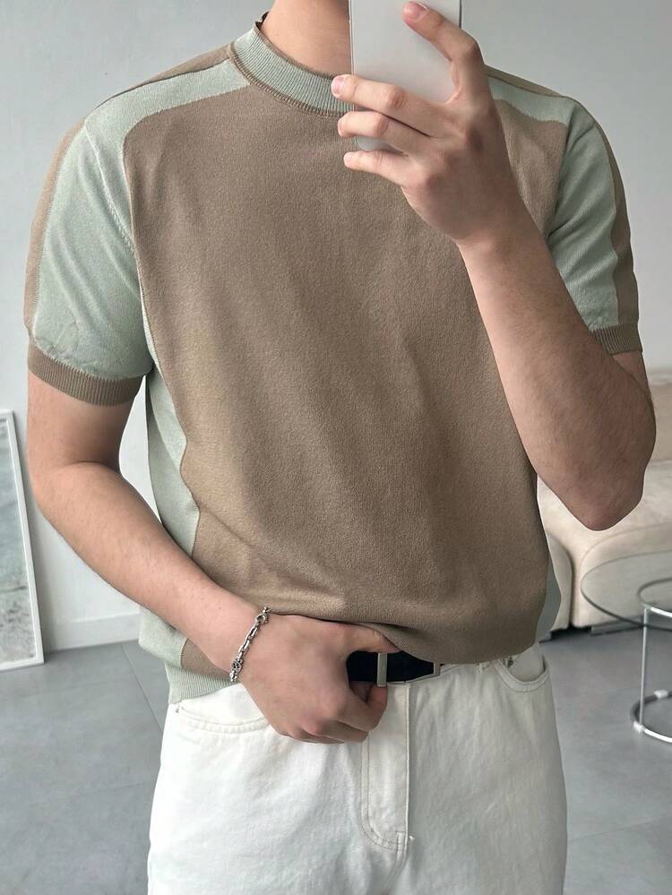 Men's Patchwork Contrast Color Round Neck Knit Top, Summer