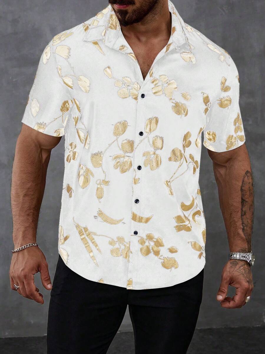 Manfinity Homme Men's Floral Print Button Front Casual Versatile Short Sleeve Shirt - White - View 1