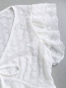 Sweetra Women's White Layered Tie Bow Lace V-Neck Short Sleeve Blouse, Spring/Summer - White - View 4