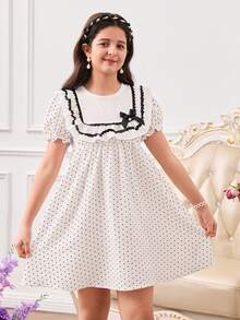 Elladie kids Girls' Round Neck Ruffle Trim Puff Sleeve Polka Dot Print Casual Dress, Elegant And Versatile For Vacation, Daily Wear - Black and White - View 4