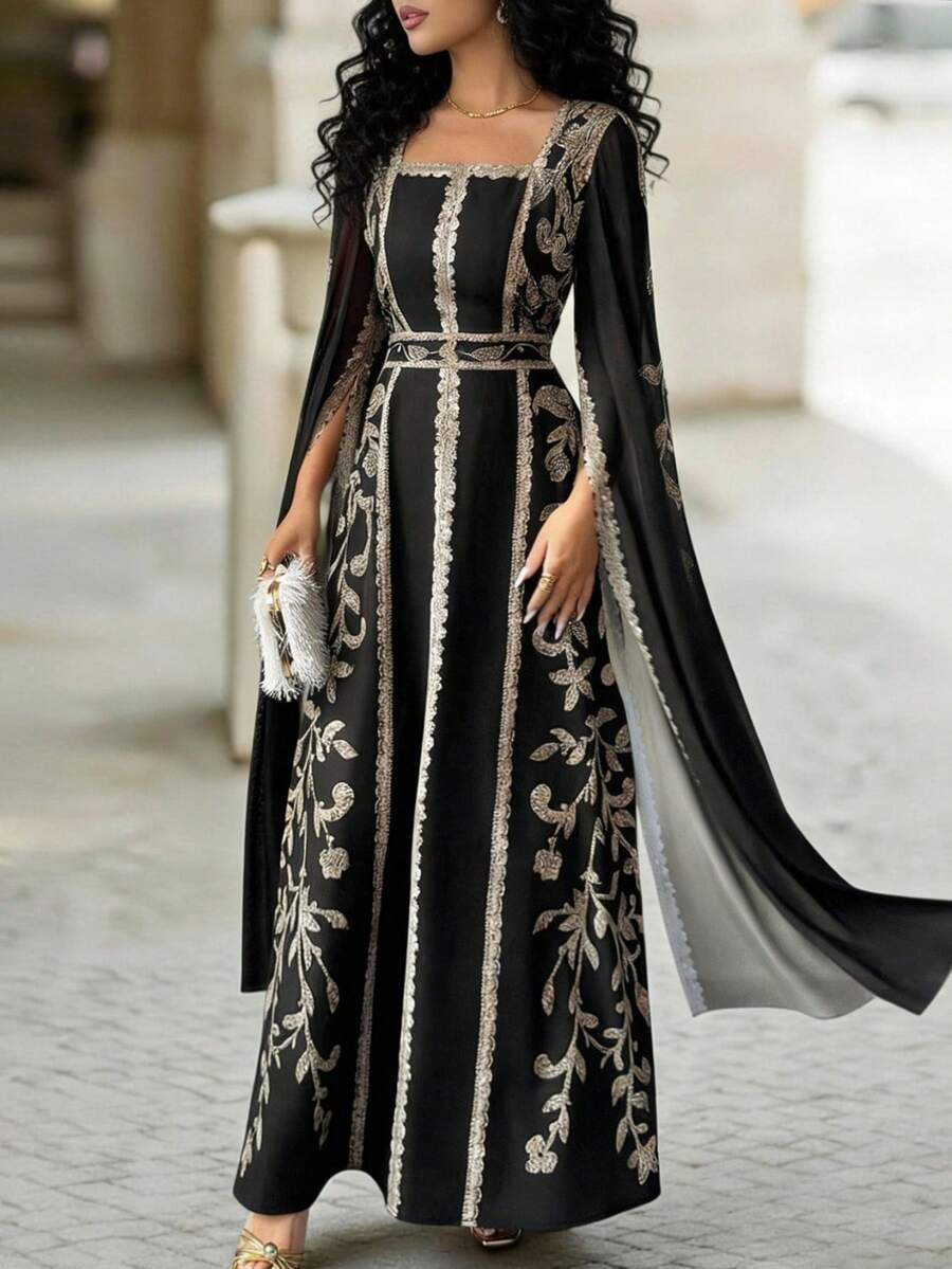 SHEIN Raffinéa 女士方领长袖连衣裙，网纱拼接袖设计，喇叭袖效果，数码定位印花T字A字廓形，适合日常、派对、度假、中东风格等场合。
