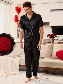 CoupledUp Men's Casual Faux Silk Short Sleeve Shirt And Pants Pajama Set, Spring - Black - View 4
