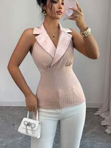 SHEIN Elenzya Áo tank top nữ màu hồng dệt jacquard không tay cổ chéo ôm sát, phù hợp cho phụ nữ từ 20-35+ tuổi, thích hợp cho các bữa tiệc, hẹn hò, tụ họp mùa hè (Họa tiết ngẫu nhiên) - Hồng - Xem 4