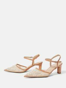 CUCCOO HITCHD 女士刺绣串珠尖头粗跟高跟鞋，优雅露跟高跟鞋，适合婚礼、情人节、下午茶等场合，时尚百搭 - 卡其色 - 查看 3