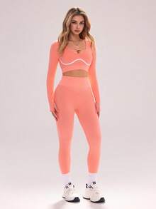 Sovereign Charm 女士交叉绑带长袖上衣和高腰紧身打底裤休闲日常户外健身运动套装 - 藕粉色 - 查看 3