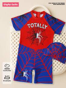 SHEIN GraphicGems Young BoySpider Design Beach Swimsuit For Summer - Red - View 1