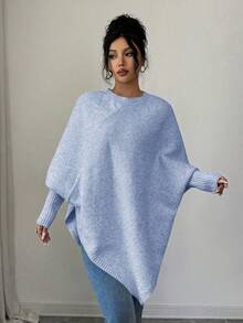 Elenzga Women's Asymmetrical Hem Oversized Crew Neck Pullover Sweater, Relaxed Fit, Soft & Comfortable Wool Blend, Suitable For Autumn/Winter - Blue - View 5