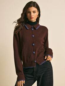 Poéselle 女士时尚休闲撞色纽扣饰边开衫 - 棕色 - 查看 5