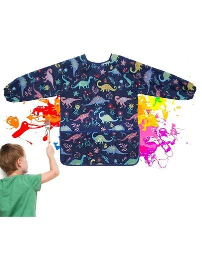 1 st barnkonstförkläde med dinosauriemålning, vattentät konstförkläde med lång ärm och 3 fickor, för barn 3-8 år