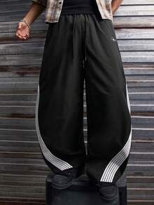 AXEPEAK Men's Casual Sports Striped Patchwork Drawstring Waist Pants - Black - View 5