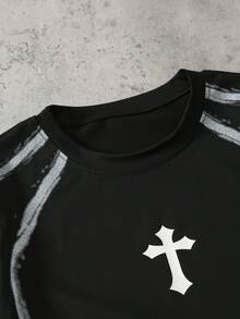 Coolqubz 2件套青少年男童深色系短袖套装，时尚简约印花手绘图案设计，舒适贴身，街头风，休闲日常穿着 - 黑色 - 查看 6
