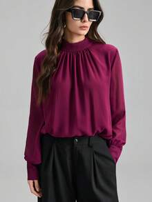 Ontre 2026 Spring/Summer New Coffee Brown Long Sleeve Chiffon Mandarin Collar Blouse, Suitable For Modern Urban Party, Back To School Season, Urban Minimalist Casual Daily Wear, Bohemian Style, Vacation, Festivals, Spring, Valentine's Day Carnival, Women Beach Outfit, Party Elegant - Brown - View 7