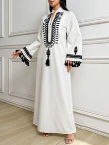 Yasmyna 女士V领拼接流苏袖口宽松阿拉伯风格连衣裙 - 黑與白 - 查看 6