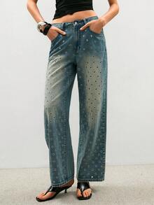 ATUI Studio Women's Fashion Casual Eyelet Pocket Denim Jeans Silver Studded Detail Straight Leg Denim Jeans, Fashionable, Spring/Summer - Blue - View 6