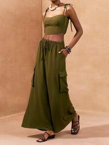 Zivah 2pcs Set: Linen Camisole Top And Wide Leg Cargo Pants In Olive Green, Spring/Summer 2026 - Army Green - View 6