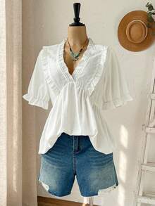 Rusticease Plus Size Women's Summer Casual Vacation Short Sleeves V-Neck Ruffle Trim White Casual Blouse, Spring/Summer,Early Spring/Valentine's Day, Spring Break,Vacation,Holiday,Spring,Going Out,2026 New,Simple And Fashionable For Everyday Wear,Casual Elegant - White - View 5