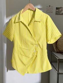 Comfortcana Women's Yellow Striped Print Asymmetric Hem Button Short Sleeve Shirt, Spring/Summer - Yellow - View 4
