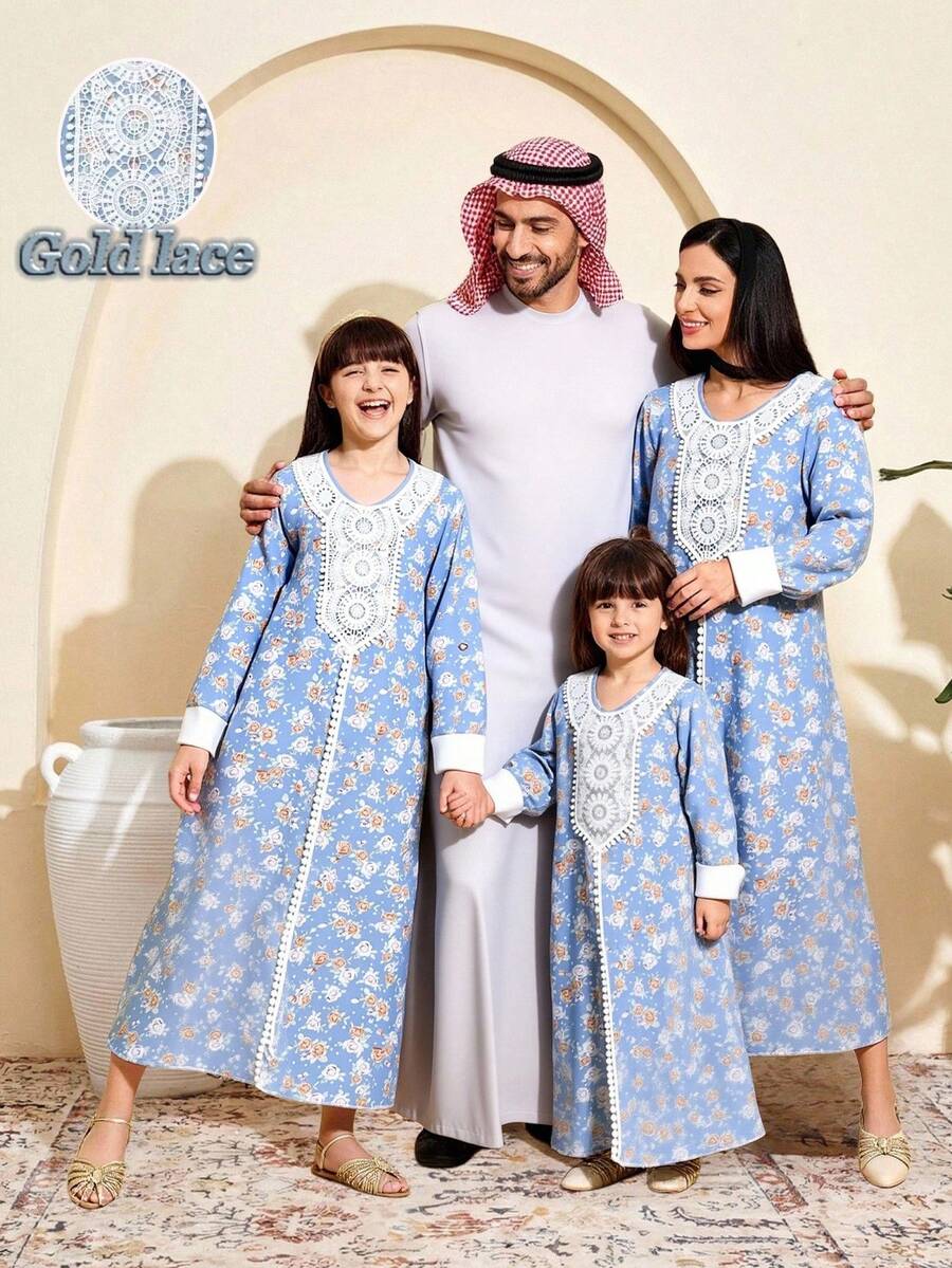 Young Girls Blue Floral Print Dress With White Lace Trim, Woven Fabric, Puff Sleeves, Suitable For Casual, School, Vacation, Party, Holiday Wear Thobes For Kid Girls Family Matching Dresses Kids Arabic Dress Abayas For Kids Abayad For Kid Girls Abaya For Kids - Blue - View 1