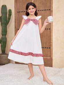 Tween Girls' Plaid Patchwork Cap Sleeve Casual Loose Daily Wear & Sleepwear Dress - Red and White - View 6