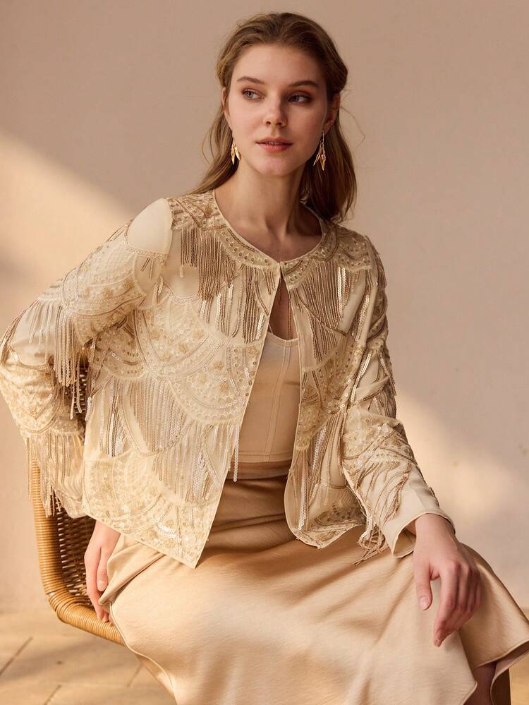 CONTRAST SEQUIN FRINGE DETAIL ELEGANT COAT