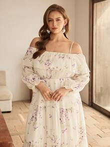 Roveilla 2026 Vestido largo maxi con cuello cuadrado, hombros descubiertos, manga larga elástica en la cintura, bajo con volantes, de tela de gasa con forro floral, talla grande para mujeres - Albaricoque - Ver 3