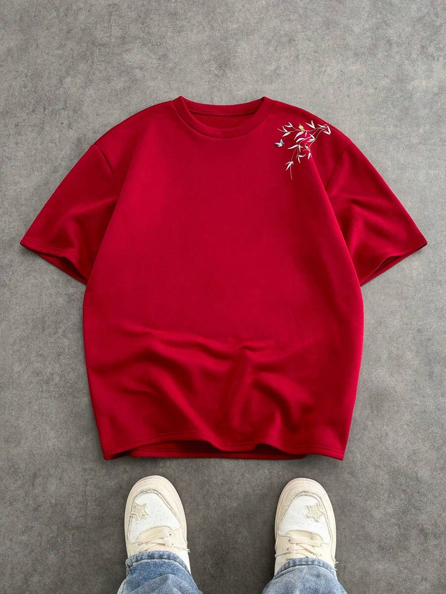 SWAVVY Men's Round Neck Plant & Bird Embroidery Graphic Casual Versatile Commute Short Sleeve T-Shirt - Red - View 1