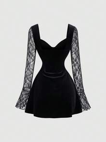 Sweetra 优雅法式秋季新款丝绒撞色蕾丝红色情人节系列连衣裙，性感派对独特设计斜领长袖迷你连衣裙，女士 - 黑色 - 查看 2