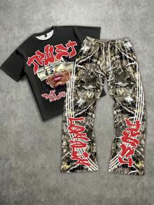 Manfinity EMRG Men's Letter Print Loose Short Sleeve T-Shirt And Drawstring Waist Long Pants Set - Multicolor - View 1