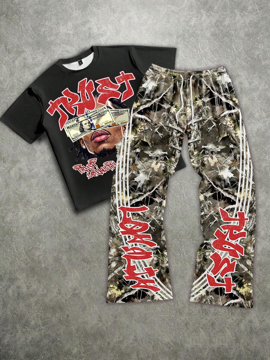 Manfinity EMRG Men's Letter Print Loose Short Sleeve T-Shirt And Drawstring Waist Long Pants Set - Multicolor - View 1