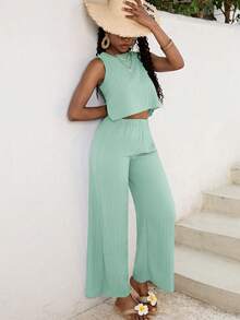 SHEIN Teen Girls 2 Pieces Set: Solid Color Sleeveless Crop Top And Loose Solid Color Wide Leg Pants Vacation Two Piece Set Two Piece Pant Set Summer Two Piece Set Two Piece Pants Set Two Piece Women Sets Casual Two Piece Set - Mint Green - View 4